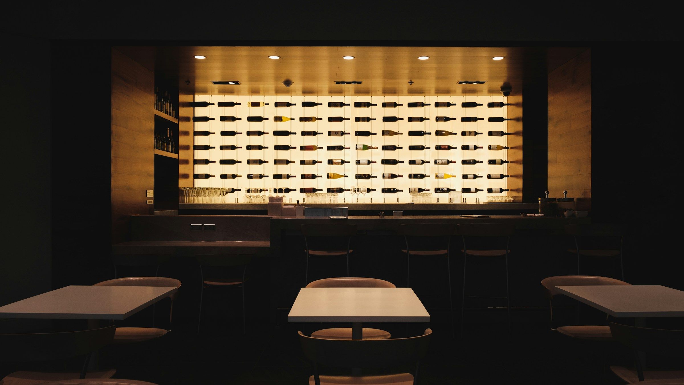 Warmly lit Japanese restaurant interior at night